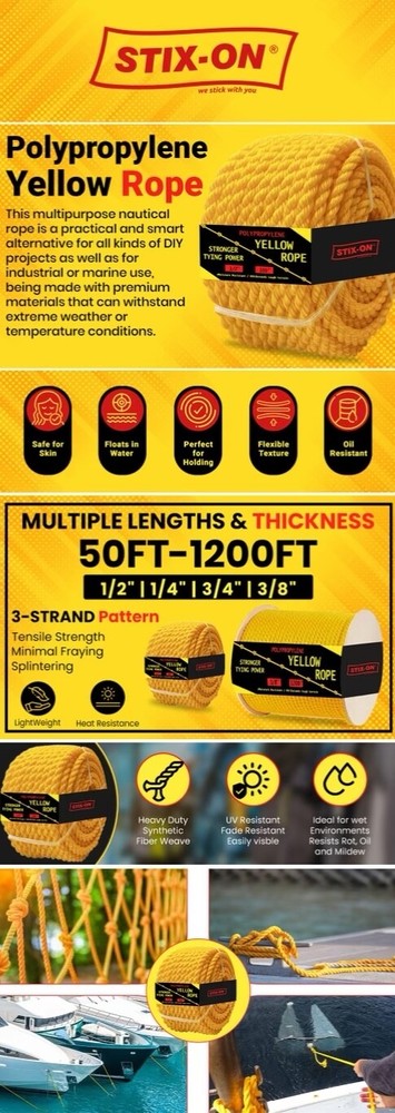 100 ft Twisted Polypropylene Rope 3/8" Yellow Poly Pro Cord