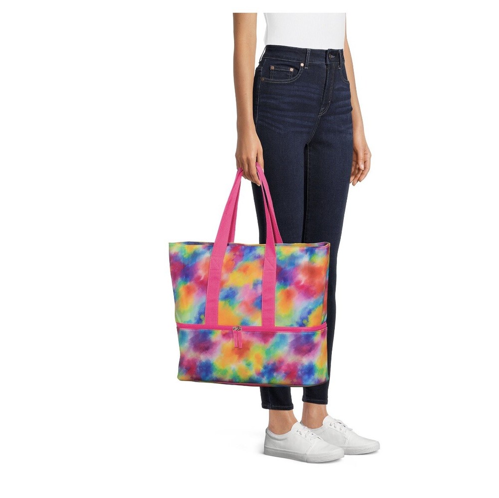 No Boundaries Beach Bag with Zip Bottom Cooler Multi Tie Dye