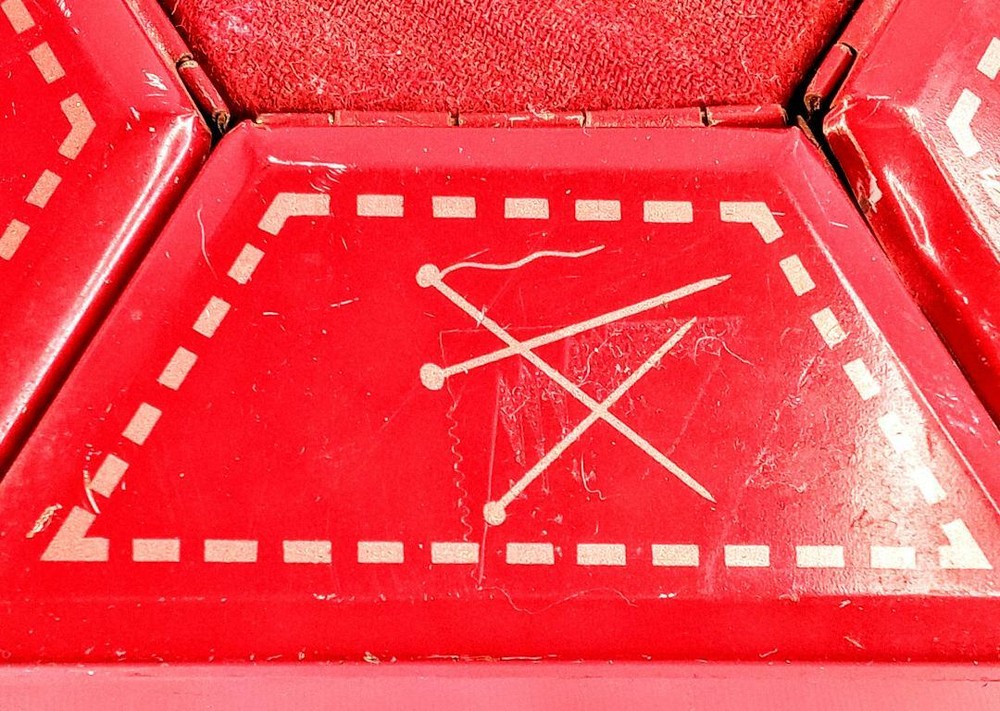Vintage Tin Hexagon Six Compartment Sewing Accessories Container ~ Rotates