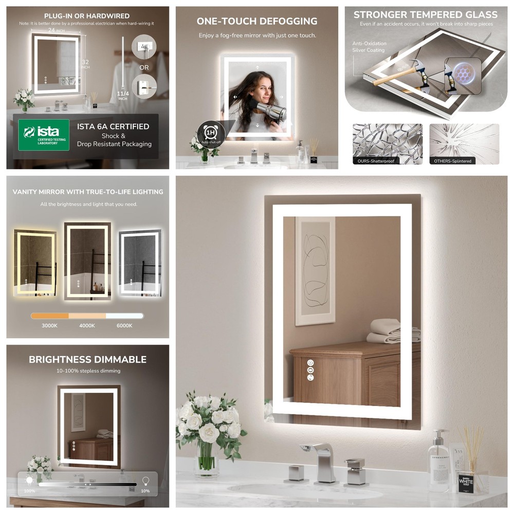 32x24'' LED Bathroom Mirror Dimmable Lighted Vanity Mirror Horizontal & vertical