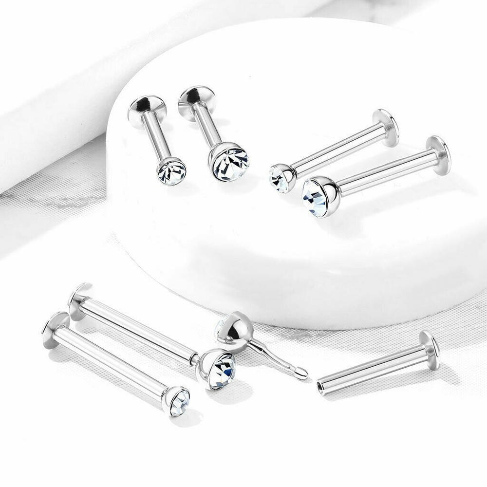 20G 1/4 2MM 3MM CZ THREADLESS SNAP PUSH IN STEEL LABRET RING FLAT BACK STUD