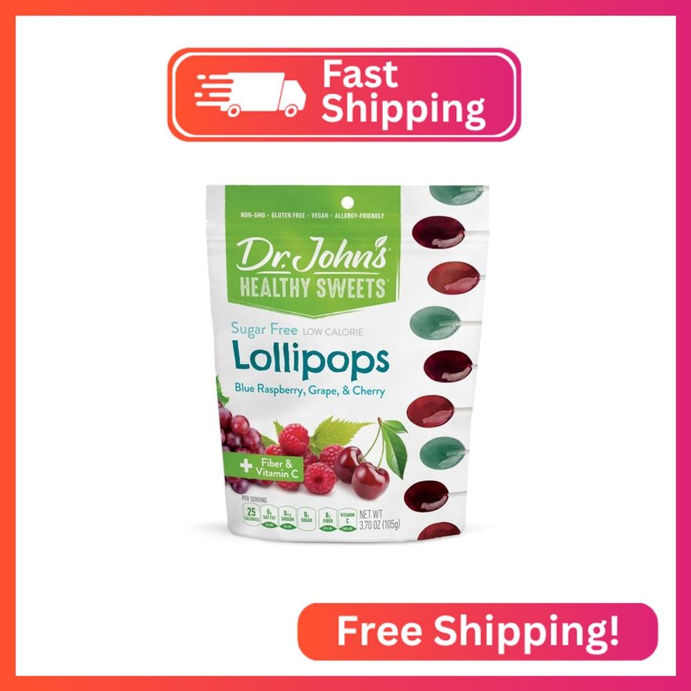 Dr. John's Healthy Sweets Blue Raspberry, Grape & Cherry Lollipops with Zero Sug