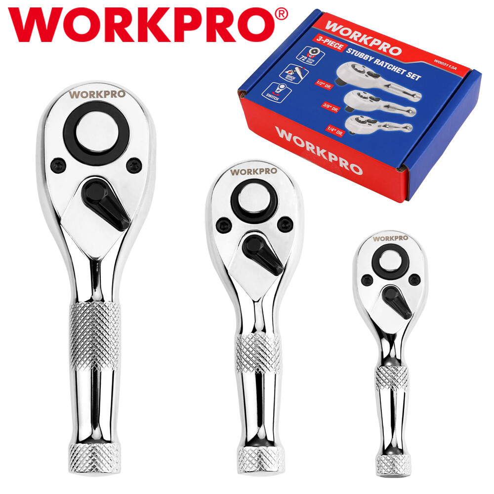 WORKPRO 3PC Stubby Ratchet Set 1/4" 3/8" 1/2" Drive Ratchet Handle Quick Release