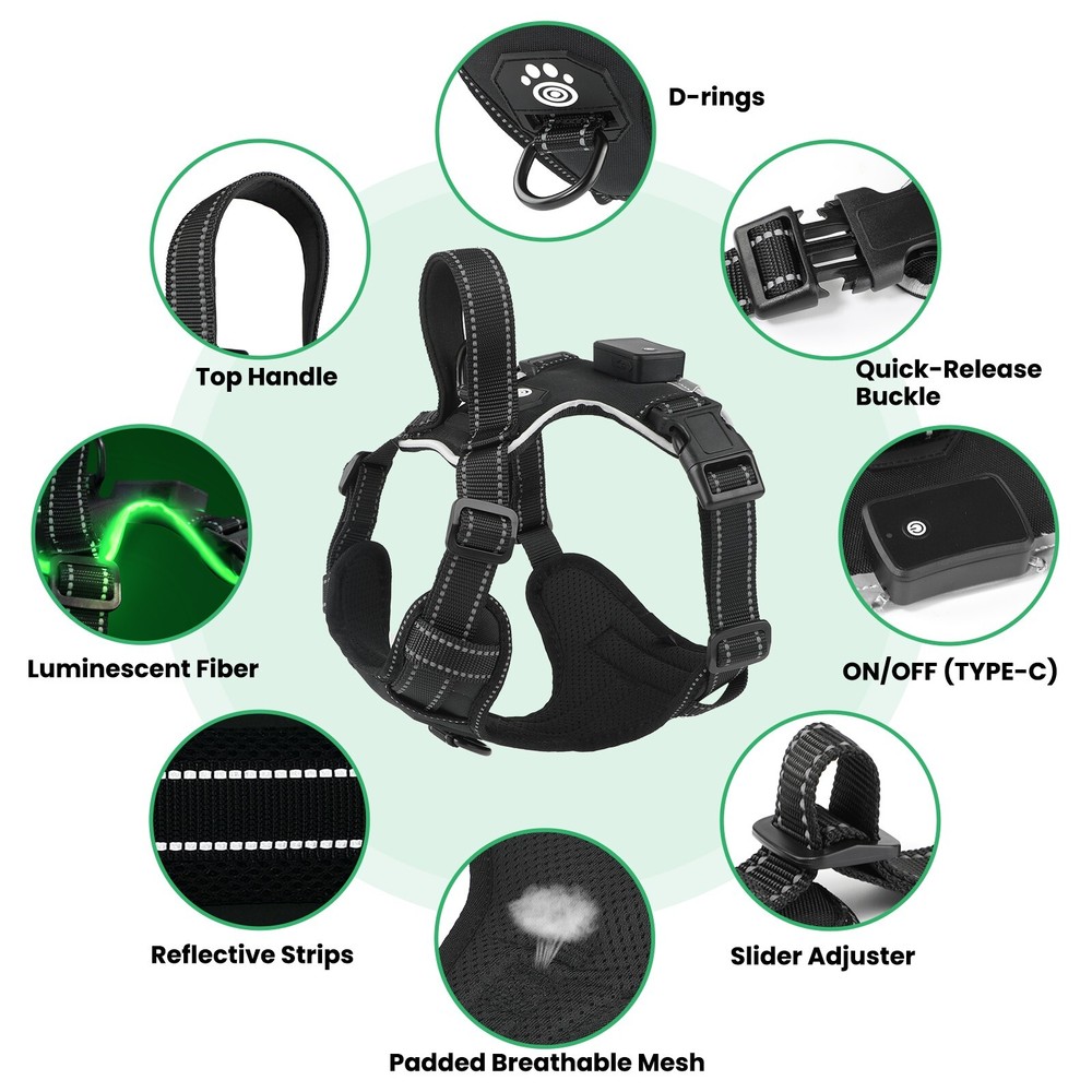 No Pull Light Up LED Dog Harness with Reflective Strips, Padded Breathable Mesh