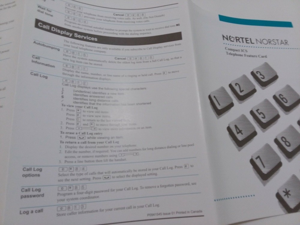 NORTEL NORSTAR Compact ICS Telephone Feature Card