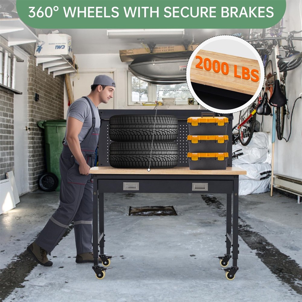 ✔️48" Work Benches for Garage Adjustable Workbench Wheels Pegboard Drawers 2000L
