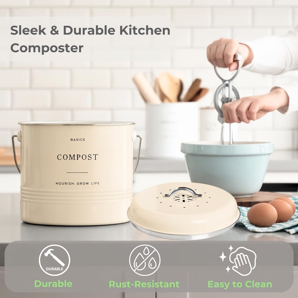 Kitchen Compost Bin – 1.3 Gallon Countertop Farmhouse Compost Container W/ Lid