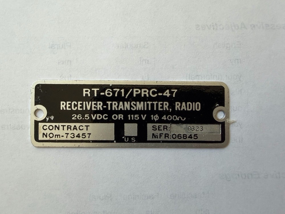 RT-671 PRC-47 DATA PLATE