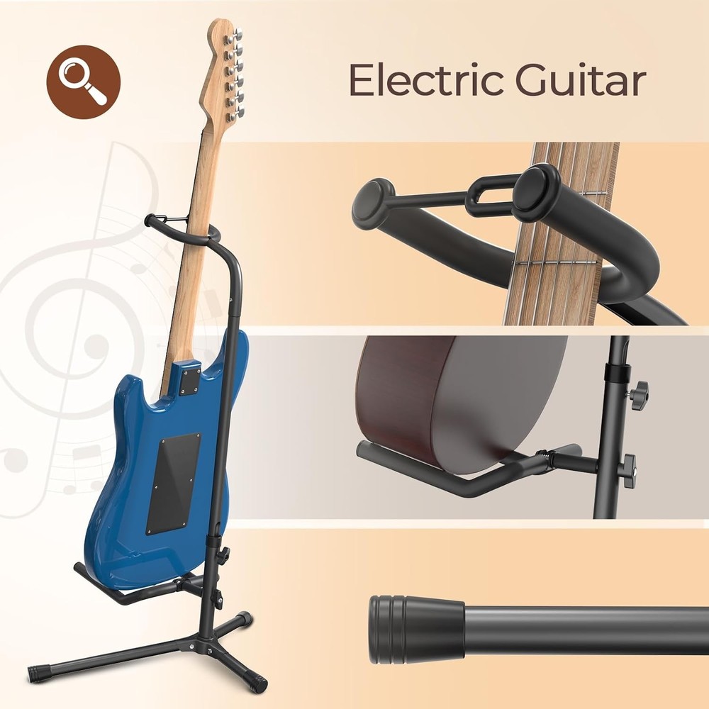 Adjustable folding guitar stand for various sizes.