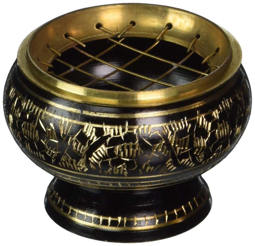 Decorated Brass Charcoal Screen Incense Burner: 3 Piece Set