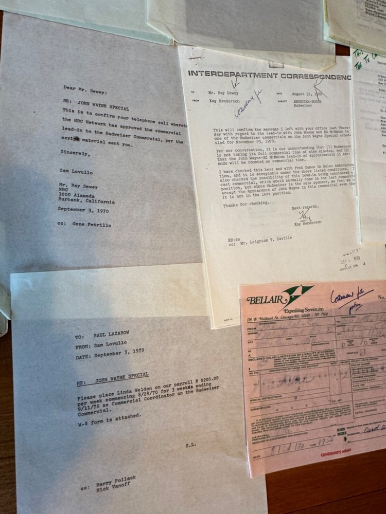 RARE BUDWEISER COMMERCIAL JOHN WAYNE MAKING OF VARIOUS PAPERWORK FOR SCRIPT