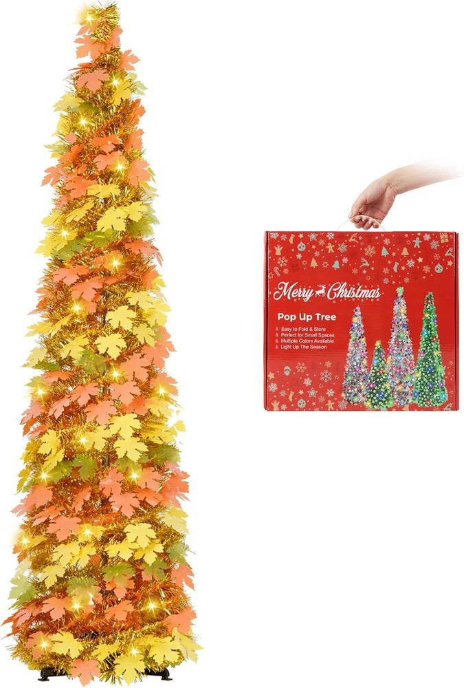 5FT 100 LED Fall Tree Collapsible Autumn Maple Leaf Pop up Tinsel Tree Decor