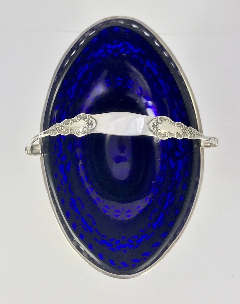 Solid Silver Sugar Basket Dish Cobalt Blue Liner 1906 William Mammatt & Son