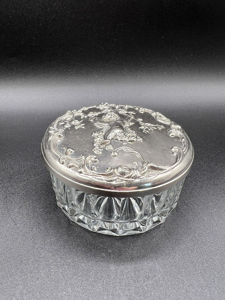 Vintage Elegance Angel, Cherub, Silver Plated Lid Vanity Dish
