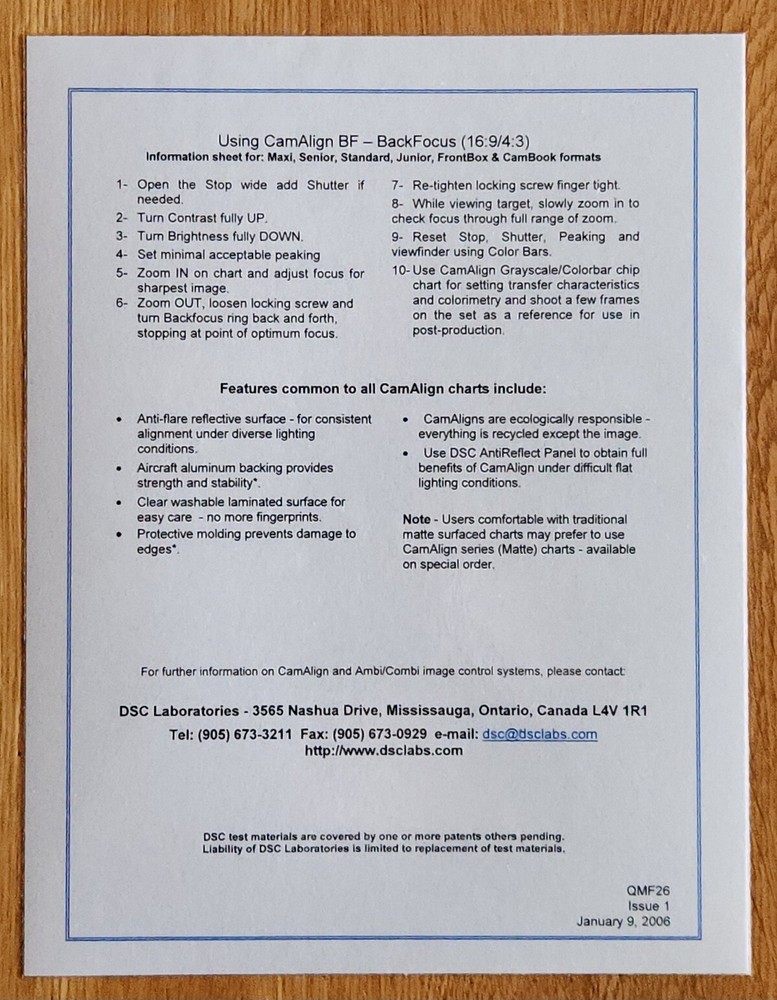 New Low $$ 💥 DSC Labs 🍰 CamAlign FrontBox Series Calibration Chart Package 🍰