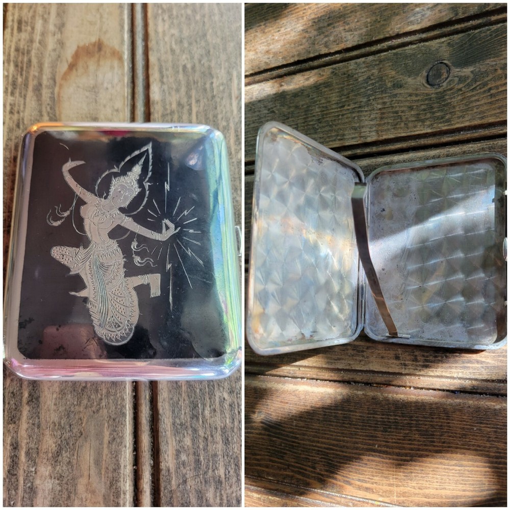 VTG Siam Thailand Solid Sterling Silver & Niello Dancer Etch Cigarette Case