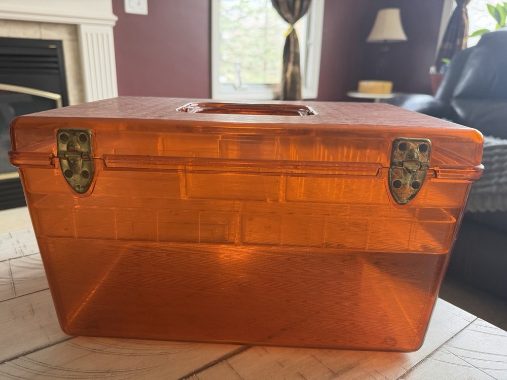 Orange Plastic Sewing Basket with Handle, Internal Organizer, and Compartments
