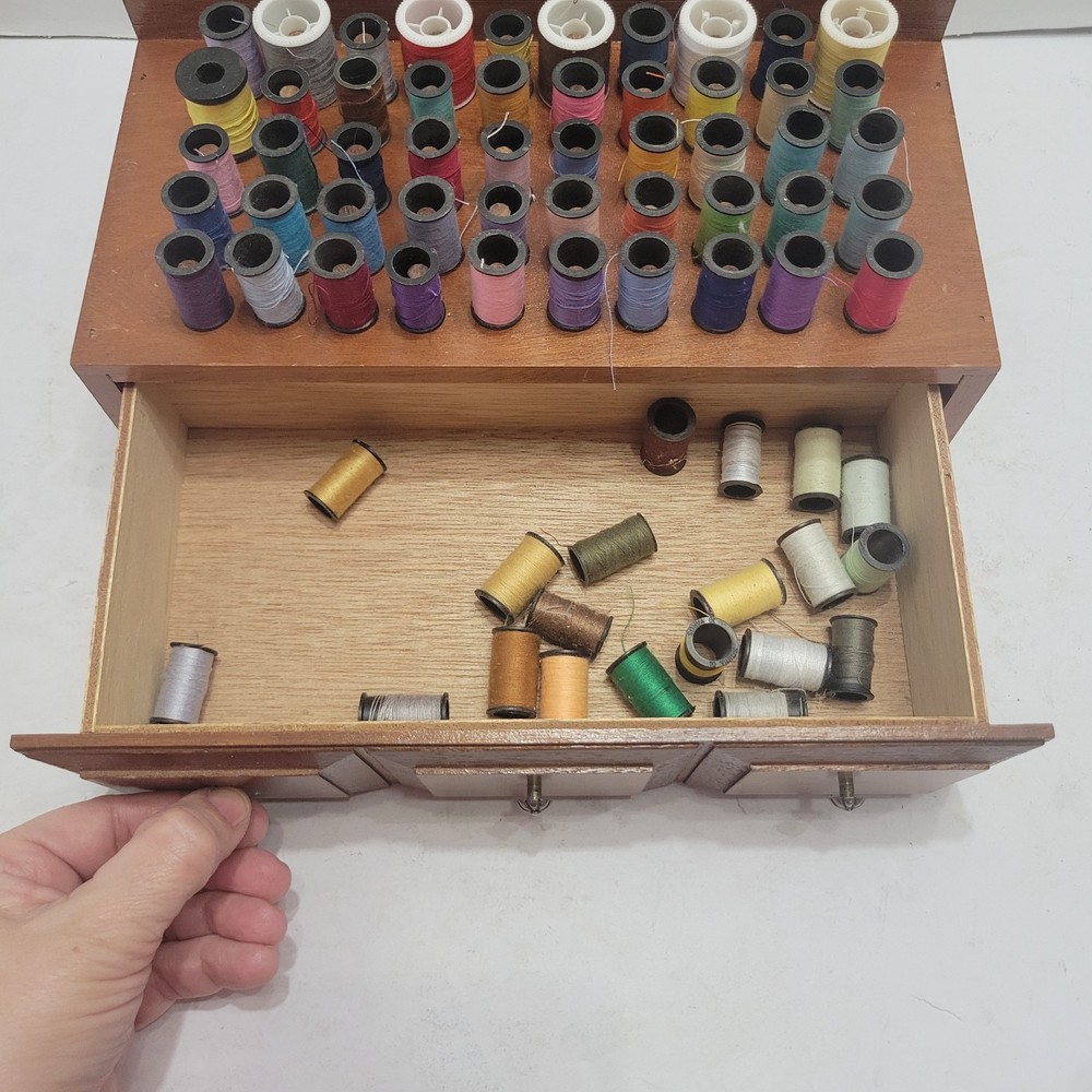 Vintage Sewing Bobbin Thread Box Footed with Drawer Craft Storage & 70 Spools