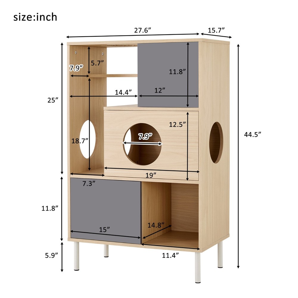 Modern Cat Tree & Side Cabinet with Litter Box & Hidden Storage