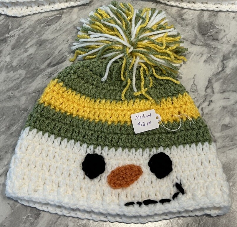 Hand Crocheted Snowman Beanie Hat Medium