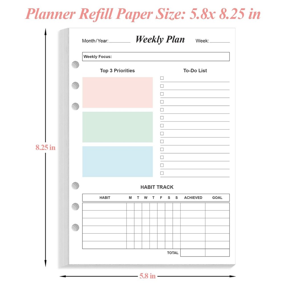 Weekly Planner Refills for A5 Binders - 53 Sheets/106 Pages 1-Pack, Colorful