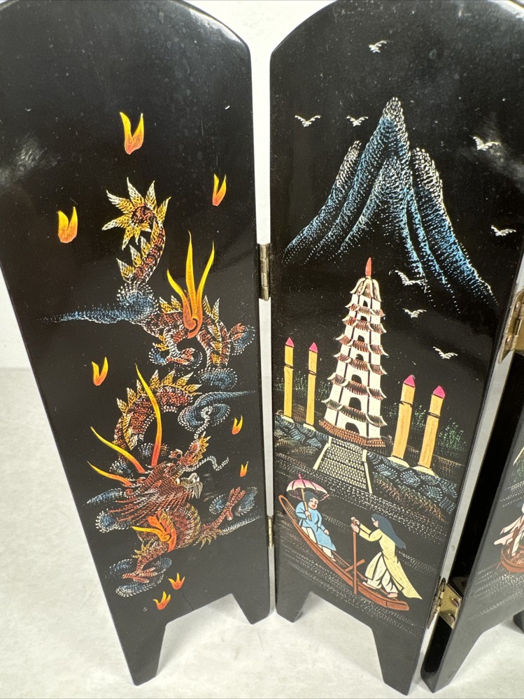 VTG Mini Oriental Folding Screen Divider 6 Panel Lacquer Wood Reversible