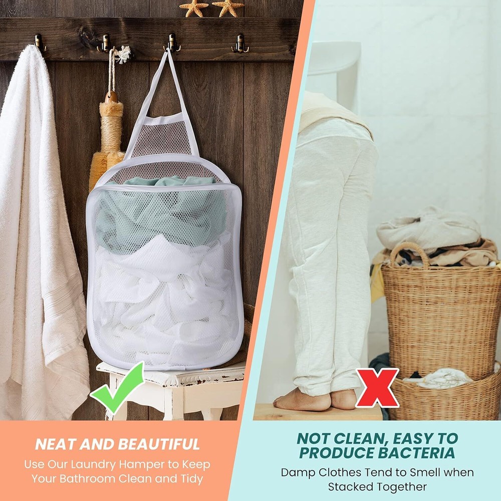 3 Pieces Hanging Laundry Hamper Bag to Hang Foldable Mesh White