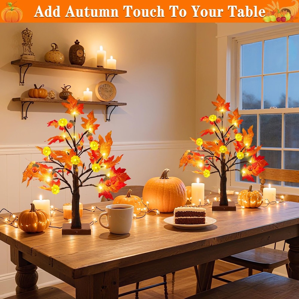 TURNMEON Thanksgiving Decorations 2 Pack 18 Inch Prelit Fall Maple Tree Fall Dec