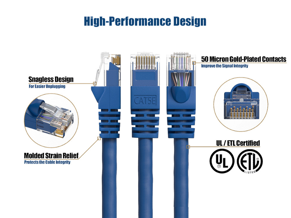 35ft Cat5e UTP Ethernet Network Patch Cable Snagless 24AWG Bare Copper, Blue
