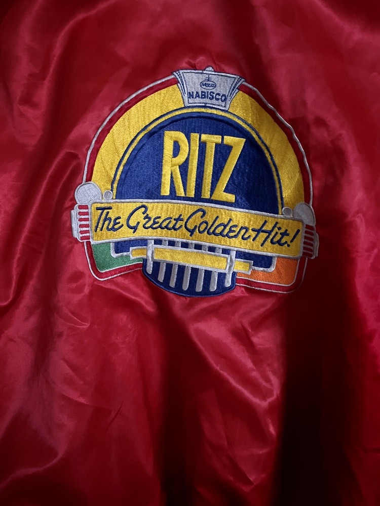 Vintage Nabisco Ritz Red Satin 3 Strikes Jukebox Bomber Jacket Size Medium
