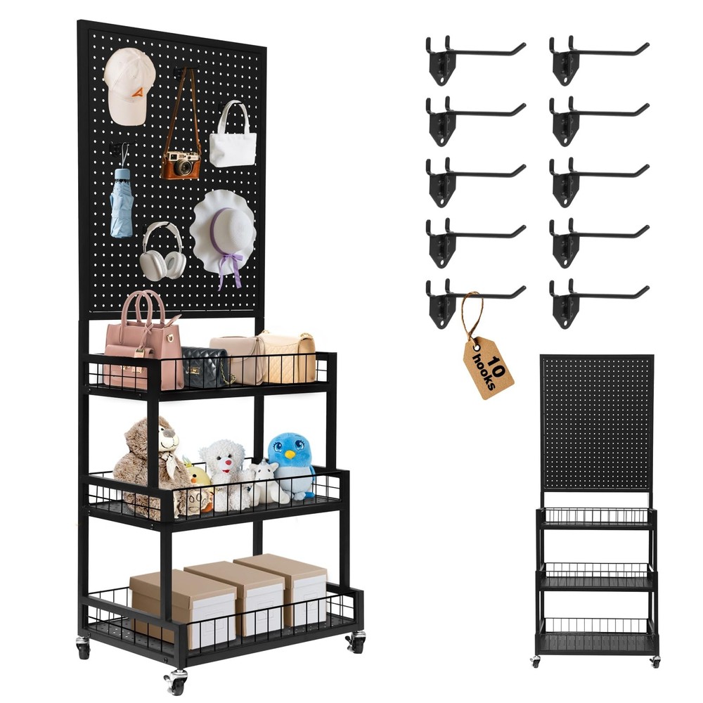 Pegboard Panels, 3-Tiers Metal Pegboard Display Stand with Peg Board Panel, S...