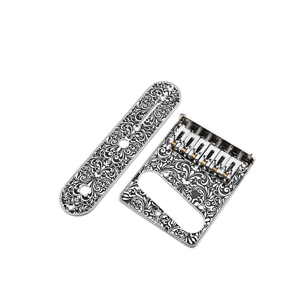 Pattern Carved Chrome Roller Saddle Bridge Control Plate Sets for 6 String Tele