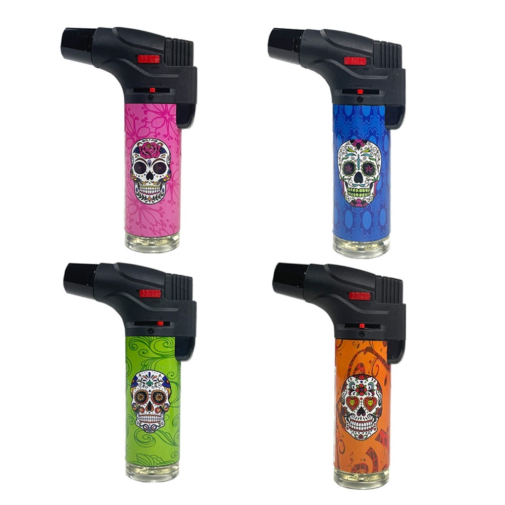 4 Pack Jumbo 4" Jet Flame Torch Gun Lighter Refillable Lockable Candy Skull