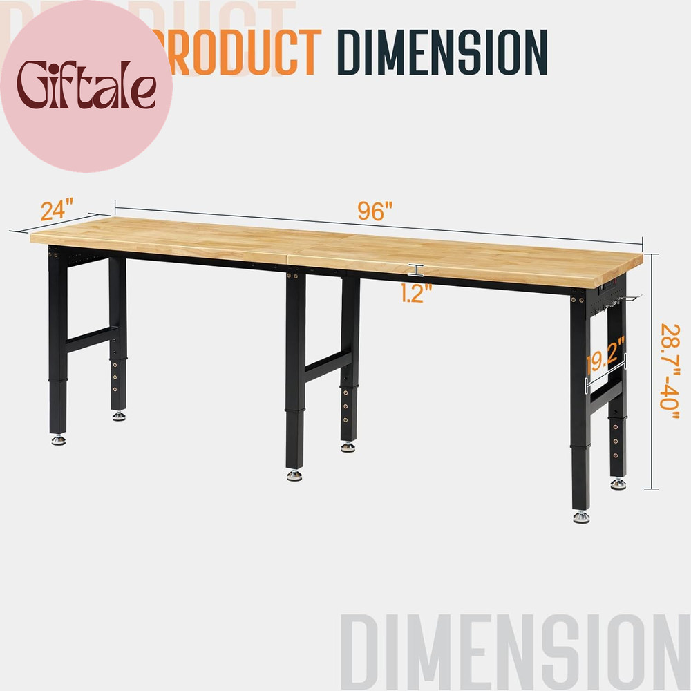 96" Adjustable Heavy Duty Workbench 6000 Lbs Capacity with 4 AC Outlet and 2 USB