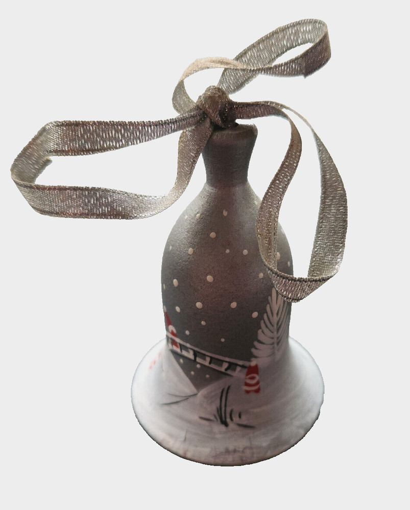 Painted Christmas Bell Forest Bridge Elf Scene Frosted Silver Colored