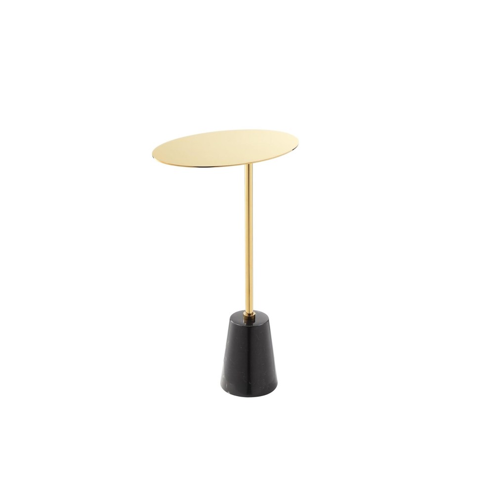 Benjara Frank 12" Drink Side End Table- Gold Top- Black Marble Solid Cone Base