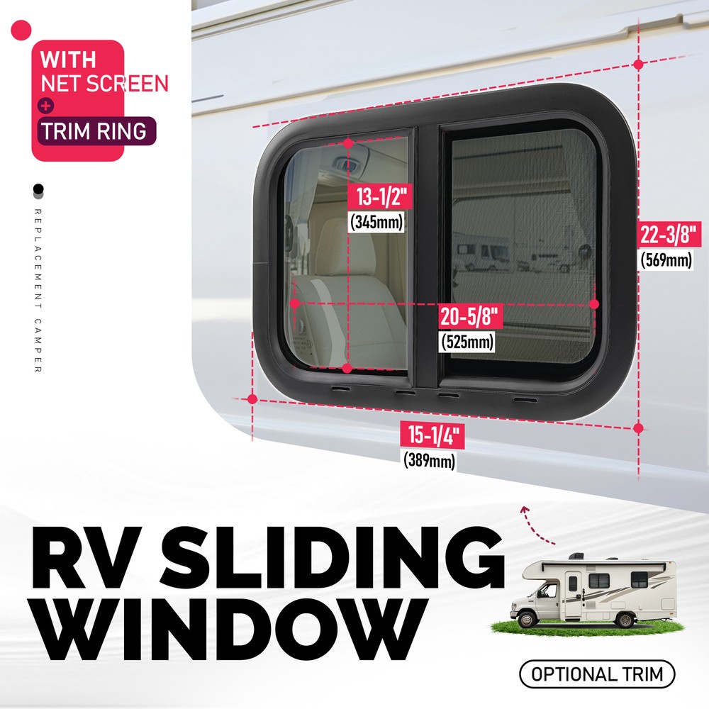21" X 14" Teardrop Horizontal Sliding Replacement RV Window w/ Screen & Trim