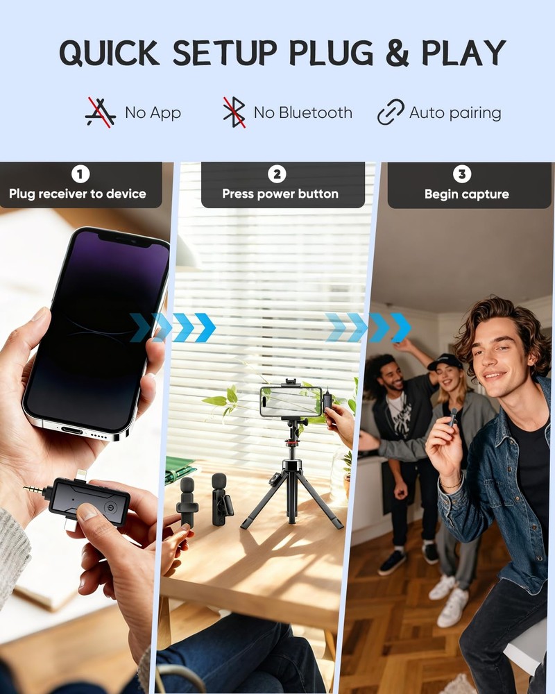 Wireless Mini Lavalier Microphone for iPhone - 3 in 1 Bluetooth Microphone wi...