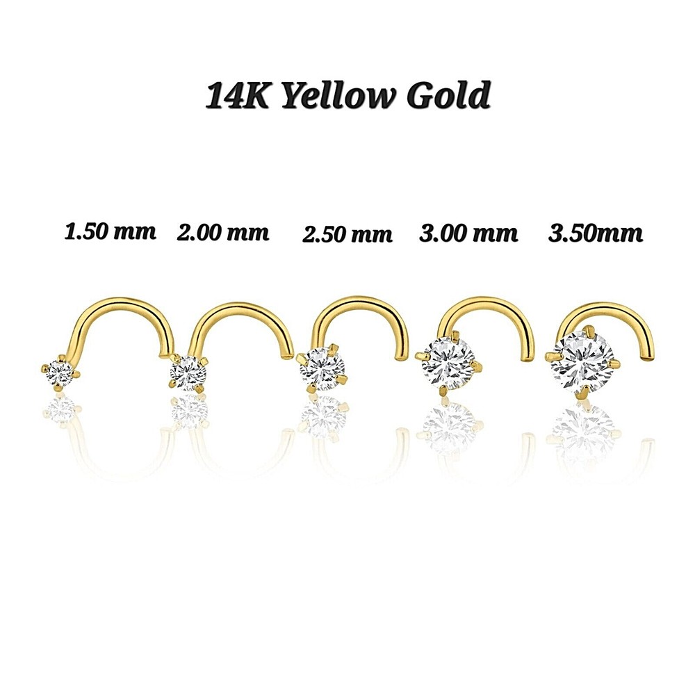 14K Solid Yellow Gold Curve Bar Nose Stud Diamond ,Twist Micro, Nose Screw