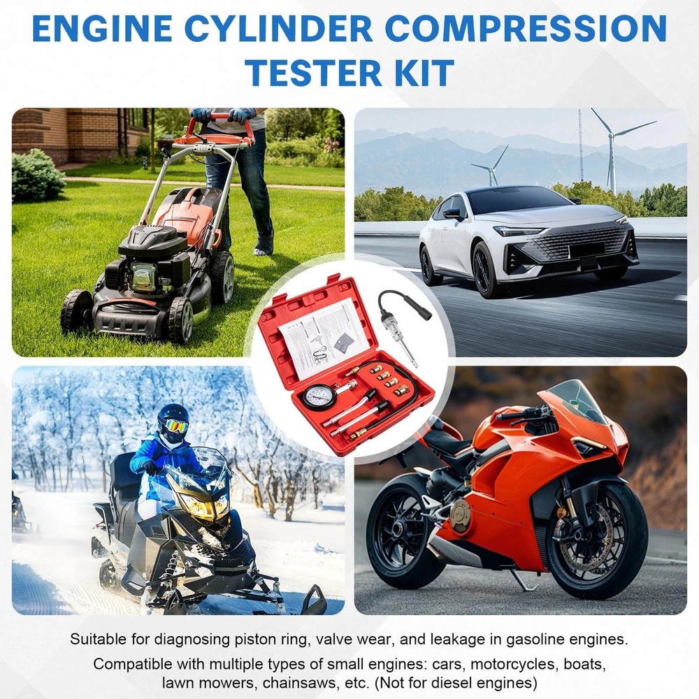 9pcs Petrol Engine Cylinder Compression Tester Kit Include Spark Plug...