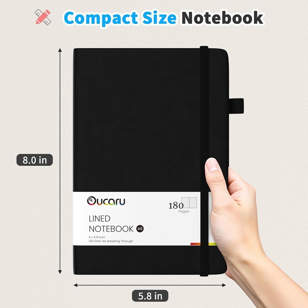 Oucaru Lined Journal Notebook, 2 Pack, 180 Pages, 2 Black &