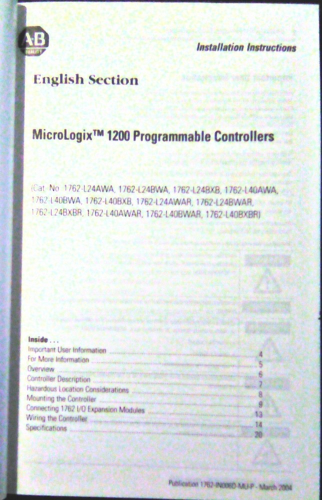 ALLEN BRADLEY INSTALLATION INSTRUCTIONS MICROLOGIX 1200 PROGRAMMABLE CONTROLLER