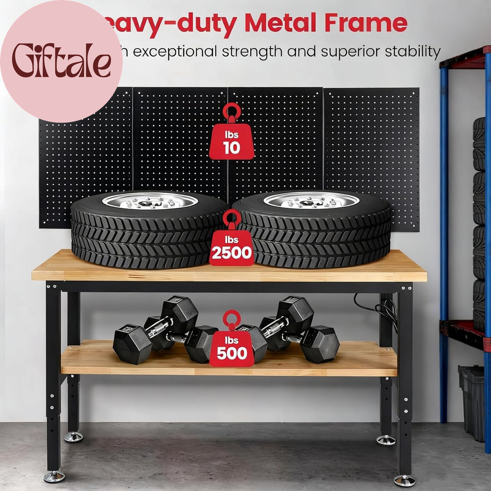 Work Table for Garage 60 X 22 Inch Adjustable Height Workbench Heavy Duty Rubber