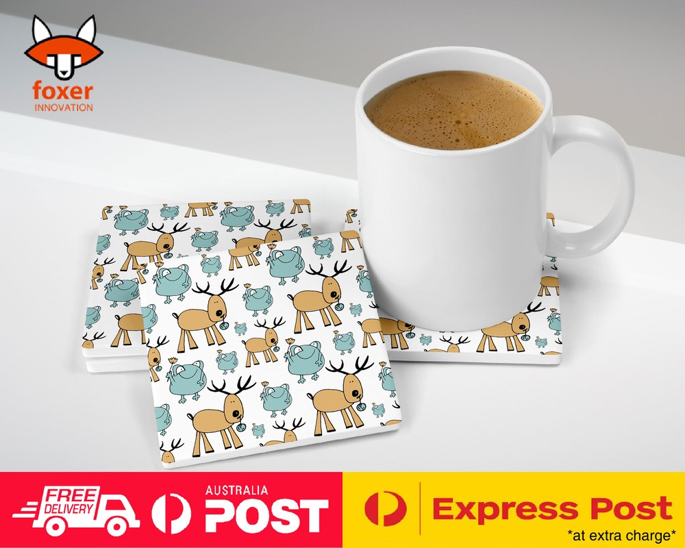 COASTER COFFEE DRINKING MAT|CUTE FROG AND DEER SKETCH PATTERN