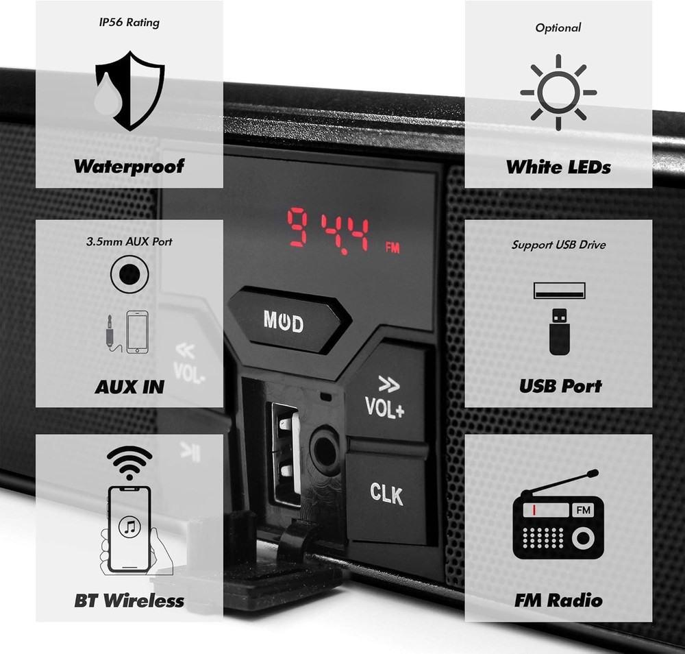Dynamic Waterproof Motorcycle Audio System with Bluetooth and LED Lightshow