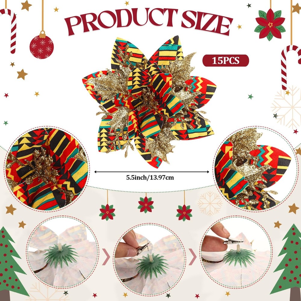 Janinka 15 Pcs Kwanzaa Poinsettia Artificial Flowers with Clips African Ameri...