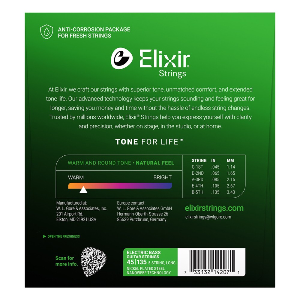 Elixir Nanoweb Nickel-Plated 5-String Bass Strings, Light Medium Long 45-135