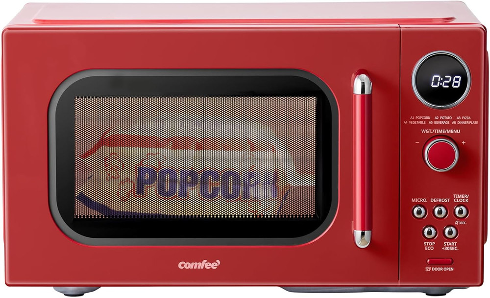 COMFEE Retro 0.9 Cu.Ft Microwave Oven with 9 Presets & Mute Function, Red