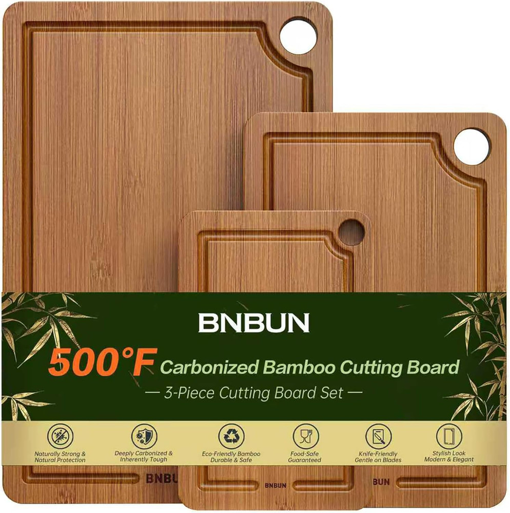 Bamboo Cutting Board for Kitchen, 3-Piece Set with Juice Grooves, Side Handles &