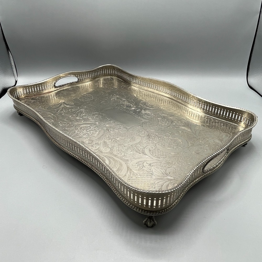 Vintage Silver Plate Footed Gallery Serving Tray Rectangular Serpentine Cocktail